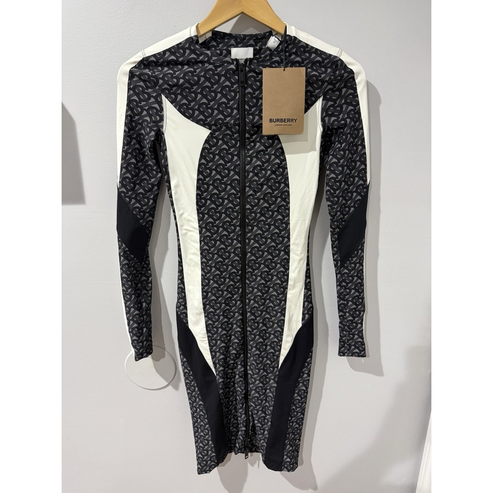 NWT Burberry Polyamide Maxi Dress Black White‎ Gray Zippered Sz XS